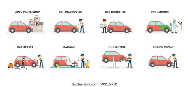Car service set on white background. Diagnostics and insurance, car wash and tire service.