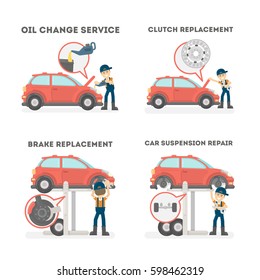 Car Service Set On White Background. Repair Service And Oil Change, Brake And Clutch Replacement.