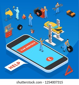 Car service set. People repair car using professional tool. Mechanic in uniform fix engine. Automobile diagnostic in workshop. Isolated vector isometric illustration