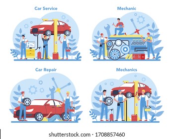 Car service set. People repair car using professional tool. Idea of auto repair and diagnostic. Wheel and oil icon, engine and fuel. Isolated flat vector illustration