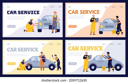 Car service. Set of templates for website of garage for car repair. Vector flat background illustration with characters for car repair business. Web design of landing page.