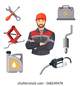 Car service set. Worker and working tools around isolated. Adjustable jack, battery, canister of gasoline, exhaust pipes, wrench screwdriver, petrol handle vector illustration