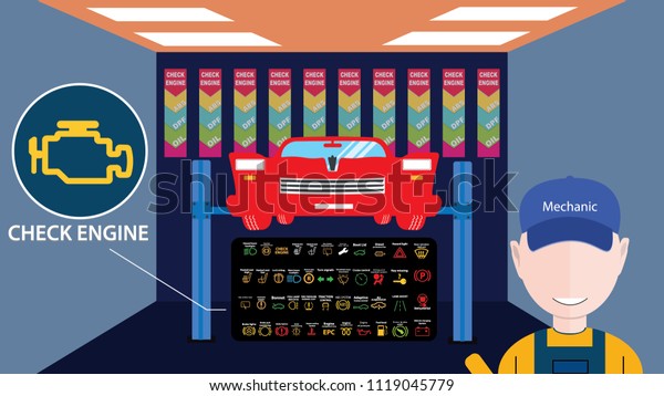 Car service\
shop Big mechanic avatar in front near a full list of check engine\
error dashboard codes. Vector illustration of car on elevator,\
instrument cluster error\
codes.