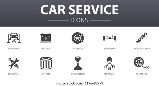 Car service simple concept icons set. Contains such icons as disk brake, suspension, spare parts, Transmission and more, can be used for web, logo, UI/UX