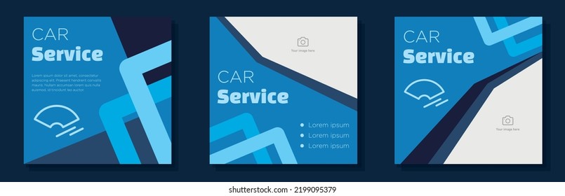 Car Service Social Media Post, Banner Set, Vehicle Repair Service Advertisement Concept, Automotive Business Marketing Square Ad Template, Blue Color Abstract Print, Isolated On Background