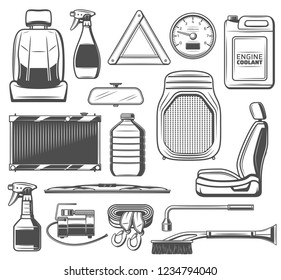 Car service, spare parts and accessories of vehicle maintenance. Seat and oil canister, speedometer and coolant, brush and scriber, triangle and wheel wrench, charger and wipers, radiator ans sprayer