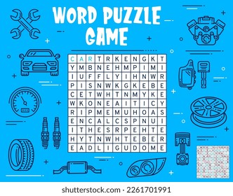Car service and spare parts word search puzzle game worksheet. Child quiz grid, kindergarten puzzle outline vector page or kids logical riddle, playing activity with vocabulary, alphabet learning task