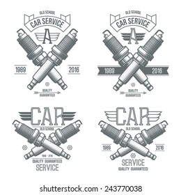 Car service spark-plug emblems in retro style. Graphic design for t-shirt. Dark print on white background