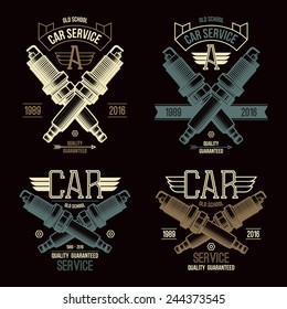 Car service spark-plug emblems in retro style. Graphic design for t-shirt. Color print on a black background