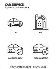 Car service, square mini icon set. The illustrations are a vector, editable stroke, thirty-two by thirty-two matrix grid, pixel perfect files. Crafted with precision and eye for quality.