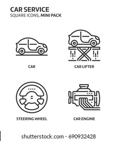 Servicio de coches, mini juego cuadrado de iconos. Las ilustraciones son un vector, trazo editable, cuadrícula de 32 por 32 matrices, archivos perfectos de píxeles. Elaborado con precisión y ojo por calidad.