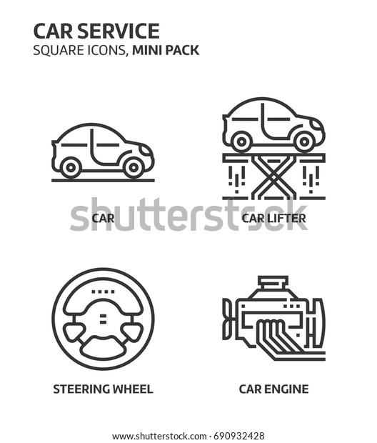 Car service, square mini icon set. The\
illustrations are a vector, editable stroke, thirty-two by\
thirty-two matrix grid, pixel perfect files. Crafted with precision\
and eye for quality.
