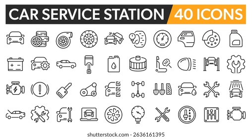 Car Service Station - 40 editable line icons. Automotive icons collection.