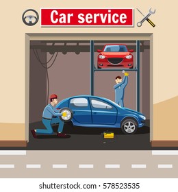Car service station concept. Cartoon illustration of car service station vector concept for web