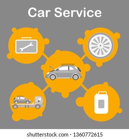 Car Service Station Promotion Flat Banner Template. Auto Maintenance Advertising Social Media Post Layout. Vehicle Repair Options Isolated Illustrations in Round Frames. Tire Replacement, Towing