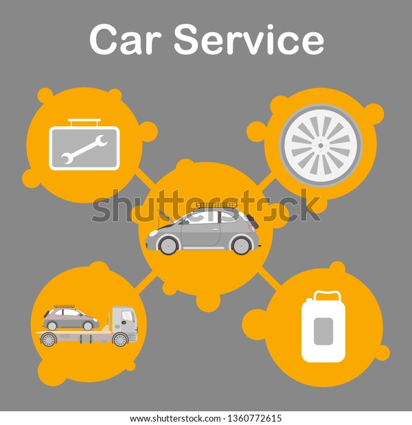 Car Service Station Promotion Flat Banner\
Template. Auto Maintenance Advertising Social Media Post Layout.\
Vehicle Repair Options Isolated Illustrations in Round Frames. Tire\
Replacement, Towing