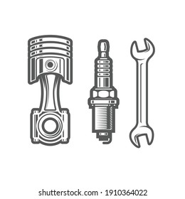 Car service station sign, spark plug, piston and spanner icons, maintenance shop logo