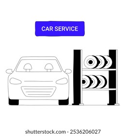 Car In Service Station With Spare Tires In Flat Vector Illustration Symbolizing Vehicle Maintenance, Auto Repair, And Tire Replacement, Isolated On White Background