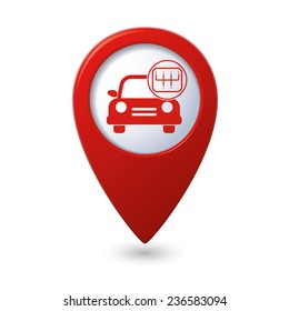 Car service. Car with stick shift on red map pointer.