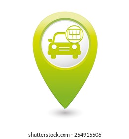 Car service. Car with stick shift on green map pointer.