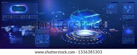 Car service in the style of HUD UI GUI . Hologram of the car. Car projection. Car auto service, modern design, diagnostic auto. virtual graphical interface