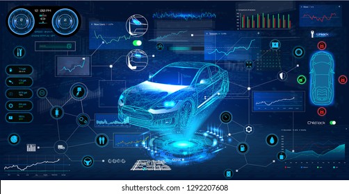 Car service in the style of HUD. Virtual graphical interface Ui HUD Autoscanning, analysis and diagnostics, Abstract vector science. Car auto service infographics. repair Futuristic user interface