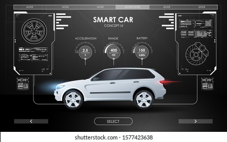 Car service in the style of HUD. Virtual graphical interface. Scanning Car, Analysis and Diagnostics Vehicle. Selection of Car Parts.