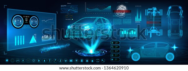 Car service in the style of HUD. Virtual
graphical interface Ui HUD Autoscanning, analysis and diagnostics,
Abstract vector science. Car auto service infographics. repair
Futuristic user interface