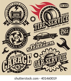 Car service symbols. Auto and engine parts. Retro vector car icons collection. Vintage style labels and badges set. Logo design concept for garage.