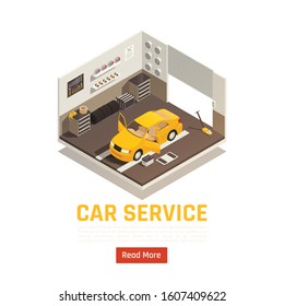 Car service systems check adjusting parts replacement including filter tires exhausts brakes steering isometric composition vector illustration 