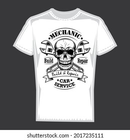 car service t shirt design. Isolated label with typography. Monochrome t shirt print, emblem for motorcycle station or bikers club.