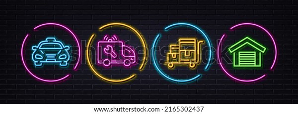 Car service, Taxi and Inventory cart minimal line\
icons. Neon laser 3d lights. Parking garage icons. For web,\
application, printing. Repair service, Public transportation,\
Warehouse goods. Vector