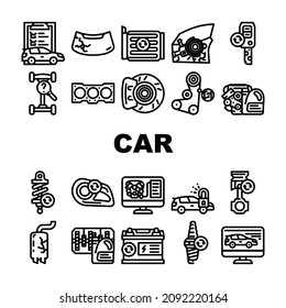 Car Service Technical Maintenance Icons Set Vector. Car Service Worker With Equipment For Repair And Computer Diagnostic Digital Analyzing, Changing Oil In Gearbox Engine Black Contour Illustrations