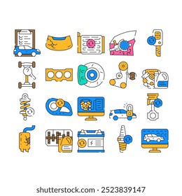 Car Service Technical Maintenance Icons Set Vector. Car Service Worker With Equipment For Repair And Computer Diagnostic Digital Analyzing, Changing Oil In Gearbox Engine color Contour Illustrations