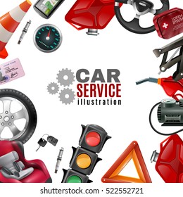 Car service template with auto maintenance tools and accessories on white background vector illustration