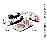 Car service, testing, data graphs on a mobile phone. Vector 3d line isometric, color web icons, new flat style. Creative design idea for infographics.