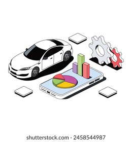 Servicio de coches, pruebas, gráficos de datos en un teléfono móvil. Vector 3d línea isométrica, color web iconos, nuevo estilo plano. Idea de diseño creativo para infografías.