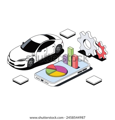 Car service, testing, data graphs on a mobile phone. Vector 3d line isometric, color web icons, new flat style. Creative design idea for infographics.