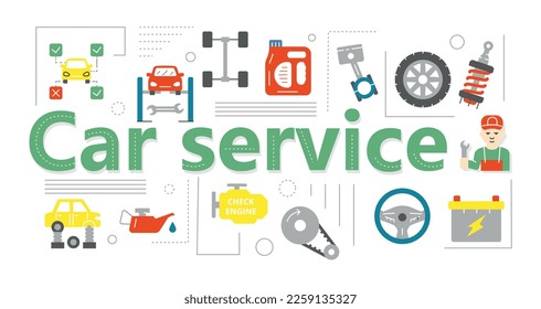 Car service text banner. Graphic element for website, collection of icons. Oil, suspension and transmission replacement, wheels, auto repair shop advertising poster. Cartoon flat vector illustration