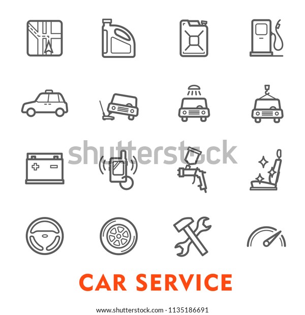 Car service thin line icon set for auto repair and\
maintenance station. Wheel, engine and motor oil, battery,\
speedometer and navigation system, spanner, gasoline pump and car\
wash isolated symbol