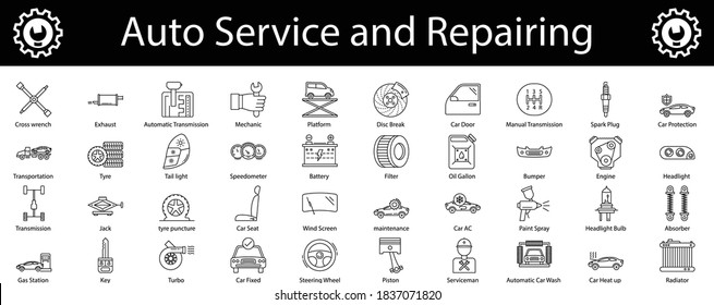 Car service thin line icons set, Auto Repair Shop vector, Lorry Spare Parts Design Set, Basic automotive symbol on white background, Vehicle repair garage  and Service Graphic