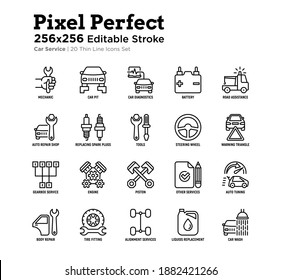 Car service thin line icons set: mechanic, car pit, computer diagnostics, road assistance, battery, body repair, tire fitting, replacing spark plugs. Pixel perfect, editable stroke Vector illustration