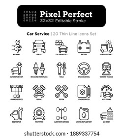 Car service thin line icons set: mechanic, car pit, computer diagnostics, road assistance, battery, body repair, tire fitting, replacing spark plugs. Pixel perfect, editable stroke Vector illustration