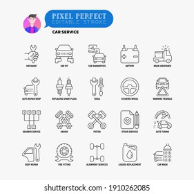 Car service thin line icons set: mechanic, car pit, computer diagnostics, road assistance, battery, body repair, tire fitting, replacing spark plugs. Pixel perfect, editable stroke Vector illustration