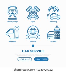 Car Service Thin Line Icons Set: Warning Triangle, Piston, Auto Tuning, Car Body Repair, Tire Fitting, Rcar Wash. Pixel Perfect, Editable Stroke .Vector Illustration