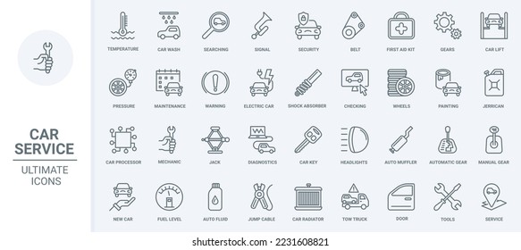 Car service thin line icons set vector illustration. Outline scheduled diagnostics of vehicle and auto repair tools, pictogram of automotive parts, automatic and manual transmission, wheel and tires