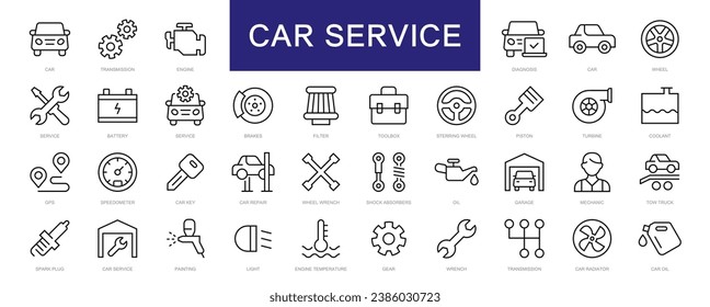 Juego de iconos de línea delgada de servicio de coches. Colección de iconos de trazo editable de servicio automático y reparación de automóviles. Coche, servicio, reparación, motor, diagnóstico, automóvil, vehículo, símbolo de transmisión. Vector