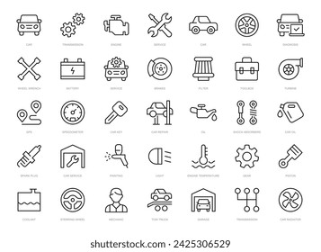 Car service thin line icons set. Auto Service and Car Repair editable stroke icon collection. Car, Service, Repair, Engine, Diagnostic, Auto, Vehicle, Transmission symbol. Vector