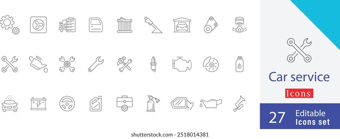 Car service thin line icons set. containing  spark plug, service history, piston, radiator, hammer  wrench, garage, gearbox, smart key and more editable line art