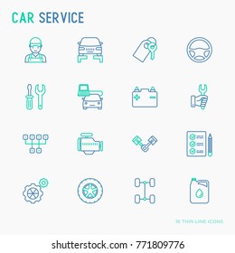 Car service thin line icons set of mechanic, computer diagnostics, tools, wheel, battery, transmission, jack. Modern vector illustration.